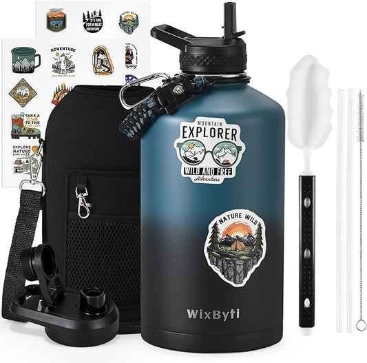 One Gallon Water Bottle Insulated with DIY Stickers, Triple Wall Vacuum Cold for 48 Hrs Leak-proof Non-BPA, 128oz Large Sports Stainless Steel Water Jug with Paracord Handle Straw Spout Lids