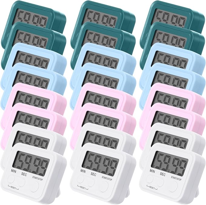 Weewooday 24 Pcs Digital Kitchen Timer Magnetic Timer Bulk On/Off Switch Minute Second Count up Countdown Loud Alarm for Exercise Cook Baking(White, Pink, Light Blue, Dark Green)