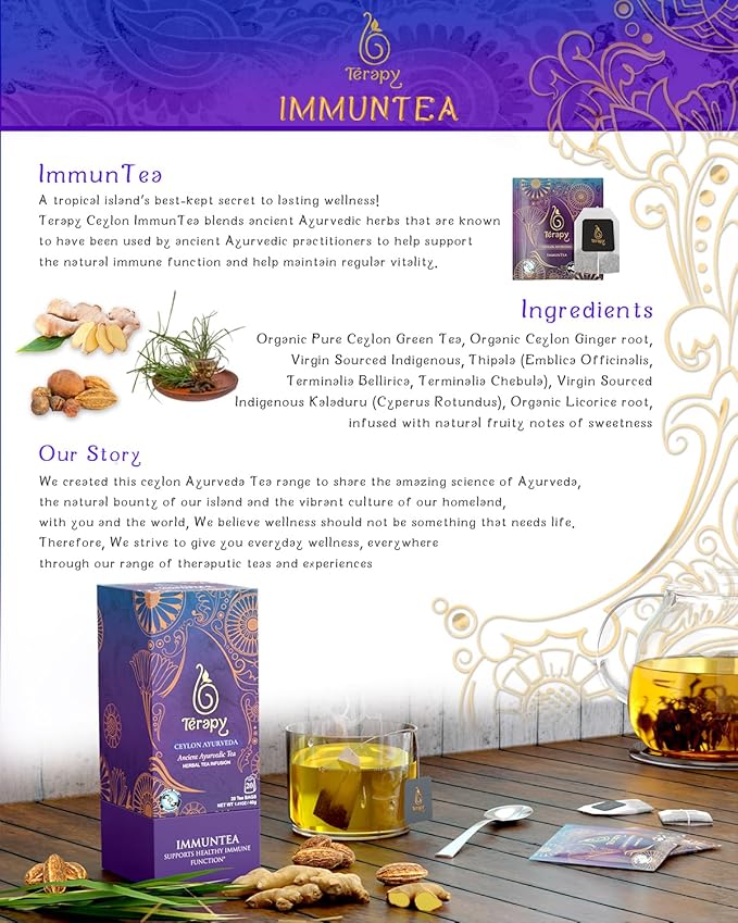 Tรฉrapy Ceylon ImmunTea Ayurvedic Tea | All Natural Herbal Ingredients | 20 Count Individually Wrapped Tea bags | Helps boost your immunity naturally