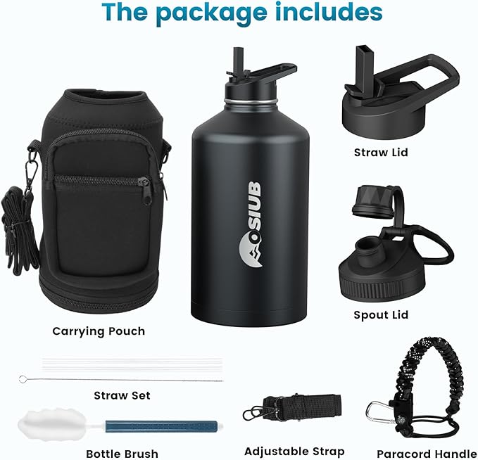 Insulated Water Bottle 87 oz, Triple Wall Vacuum Stainless Steel(Cold for 48 Hrs),Leak Proof & BPA-Free,Half Gallon Water Bottle with Reflective Paracord & Flip Straw for Sports & Travel, Black