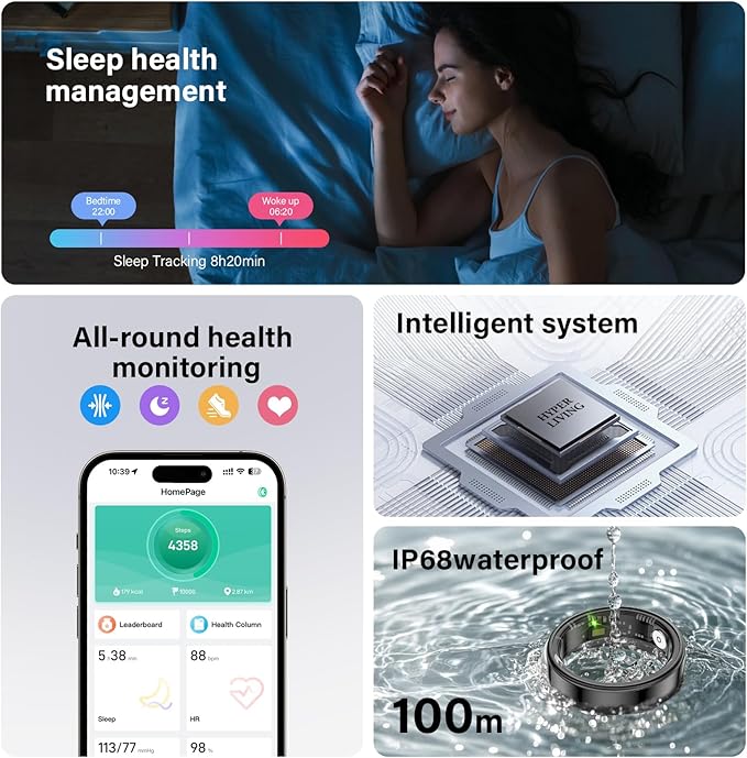 Smart Ring Health Tracker, Fitness Sleep and Heart Rate Monitor Smart Ring, Waterproof Bluetooth Fitness Tracker Ring IPX68 Waterproof (Black, 11)