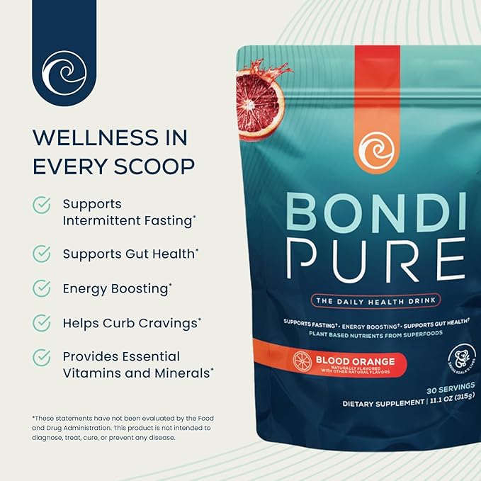 Bondi Pure - Daily Health & Detox Drink - Promote Gut Health & Energy Support During a Cleanse or Intermittent Fasting - Plant-Based Fibers, Alkalizing Super Greens - Blood Orange (30 Servings)