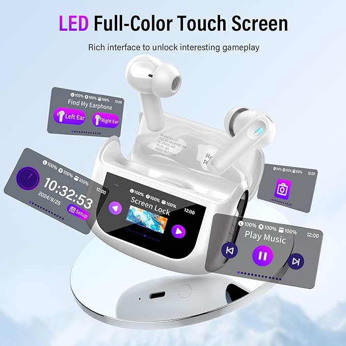 Wireless Earbuds, Bluetooth 5.4 Headphones with Multifunctional Touch Screen, 48H Bass Stereo Ear Buds with ANC/ENC Noise Cancelling/Transparency Mode, IPX7 Earphones with 5 EQ Modes, White
