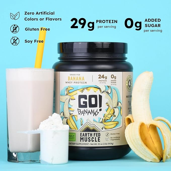 Earth Fed Muscle Go! Bananas Irish Grass‑Fed Whey Protein Isolate – All Natural Banana Flavor, Zero Added Sugar, Soy‑Free, Gluten‑Free (2lb, 27 Servings, Banana)
