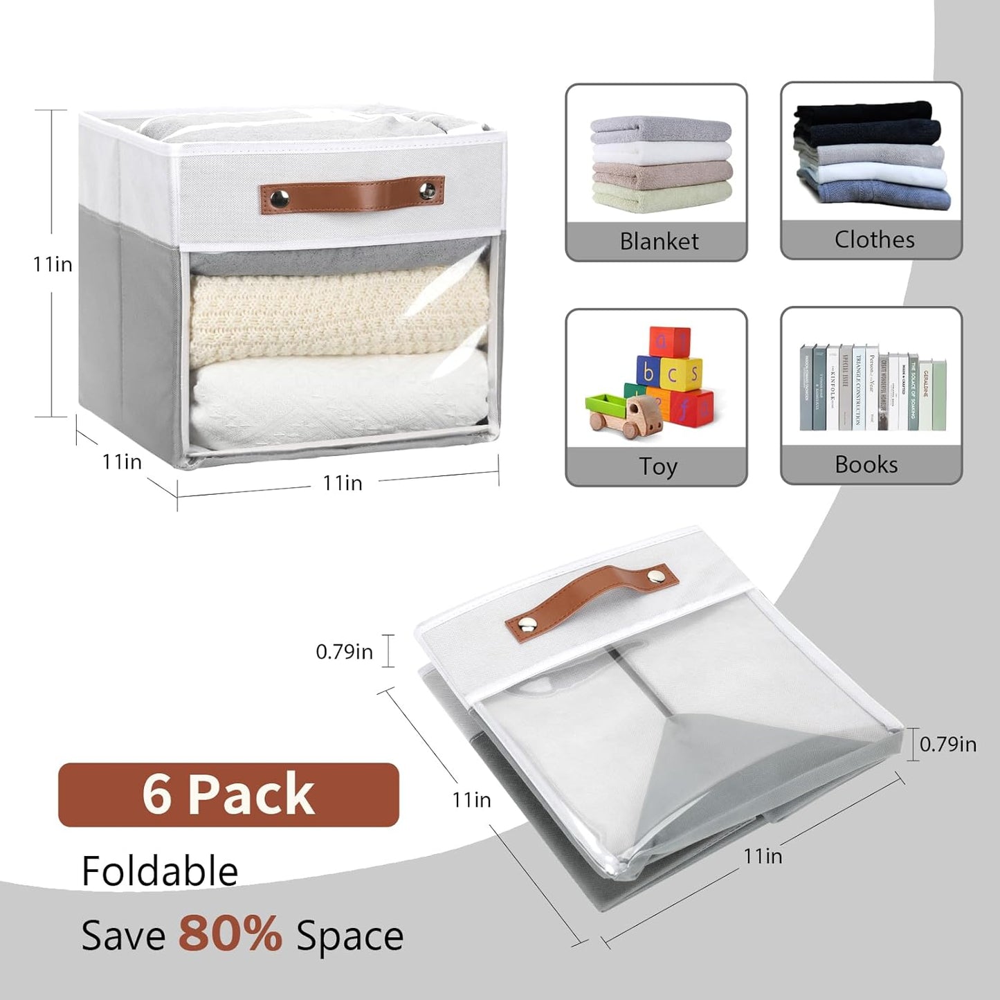 HNZIGE 11x11 Cube Storage Bins for Cube Organizer, Clear Fabric Storage Cubes for Storage Shelves, Collapsible Decorative Storage Bins for Clothes Closet Toys Cubby Storage Bin(White Gray 6 PCS