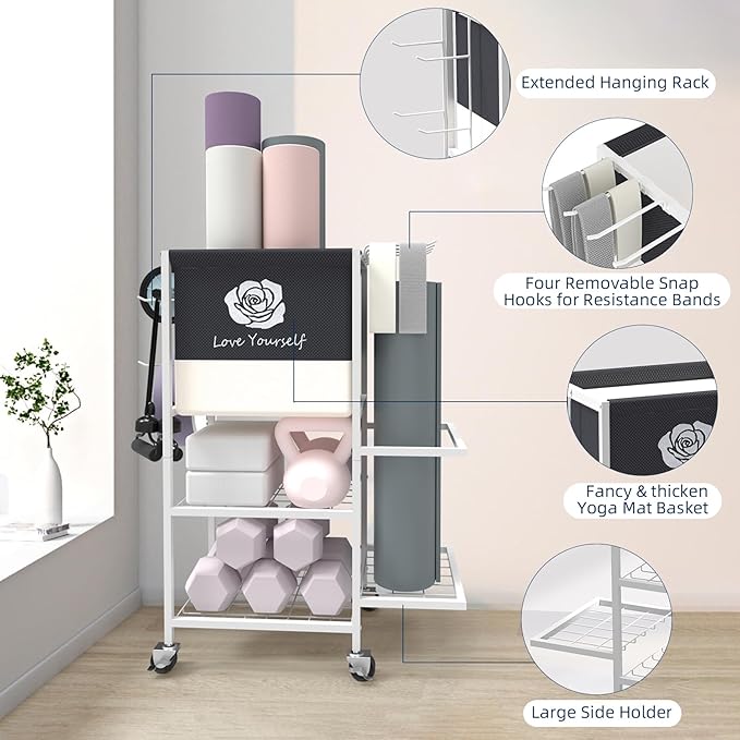 Yoga Mat Storage Rack,Home Gym Storage Rack Gym Workout Equipment Storage Organizer Fitness Weight Rack on Wheels for Yoga Mat,Yoga Block,Foam Roller,Resistance Band,Dumbbell,Kettlebell and Other Workout Accessories