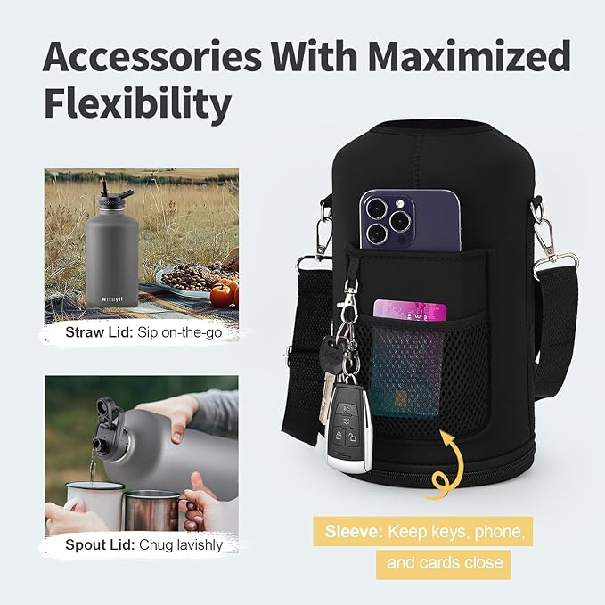 One Gallon Water Bottle Insulated, Triple Wall Vacuum Cold for 48 Hrs & Leak-proof & Non-BPA, 128oz Large Sports Stainless Steel Water Jug with Paracord Handle Straw Spout Lids & DIY Stickers