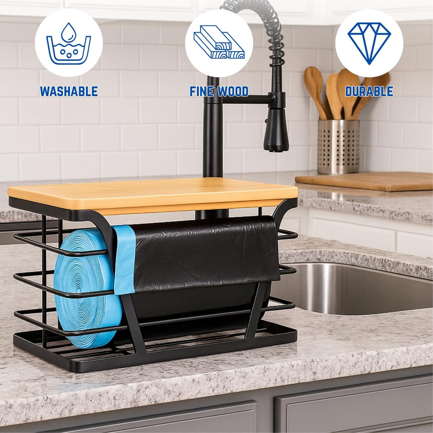 2 - Pack Trash Bag Dispenser with Bamboo Top, Stackable Garbage Bag Holder, Large Capacity Trash Bag Storage Space-Saving Trash Bag Holder Dispenser Storage Solution, Trash Bag Storage Organizer.