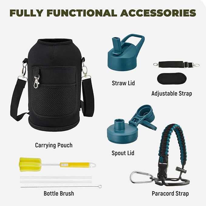 Half Gallon Insulated Water Bottle, 64 oz Triple Wall Stainless Steel Flask, Keeps Drinks Cold for 48 Hrs Leak-Proof & BPA-Free Half Gallon Jug with Paracord Handle, Straw & Spout Lids(Indigo Black)