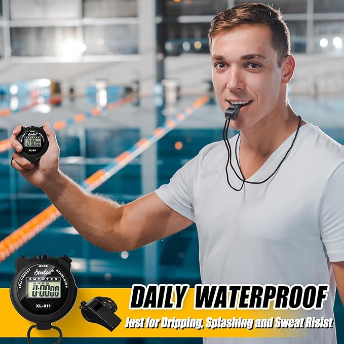 48 Pcs Digital Stopwatch Timer Plastic Whistle Bulk for Sports Coaches Referee Waterproof Watch Timer Whistle with Lanyard Multi Function Electronic Fitness Date Alarm (Black)