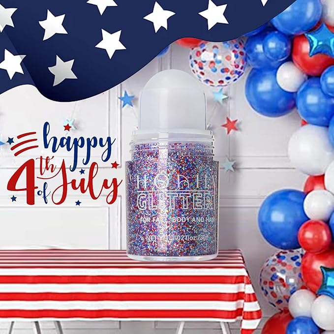 Red White and Blue Roll-on Body Glitter Gel, 4th of July Accessories Holographic Face Glitter Gel, Fourth of July Sequins Makeup for President's Day Patriotic Veterans Day