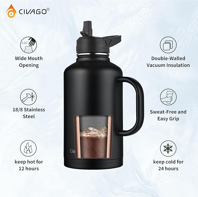 CIVAGO 64 oz Insulated Water Bottle Jug with Straw and Handle, Half Gallon Stainless Steel Water Flask, Large Sports Metal Water Bottle with Straw Lid (3 Lids), Big Thermal Mug Cup, Army Green