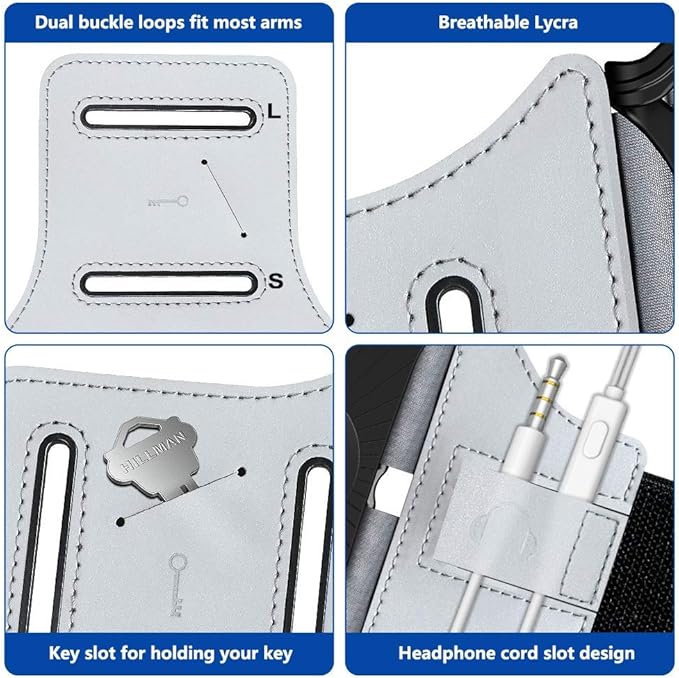 VUP Running Armband 360°Rotatable for iPhone 14/13/Pro Max/Pro/Mini/12/11/SE/Xs/XR/X/8/7/Plus, Fits All 4-6.7 Inch Smartphones, with Key Holder Phone Armband for Running Hiking Biking (Sliver)