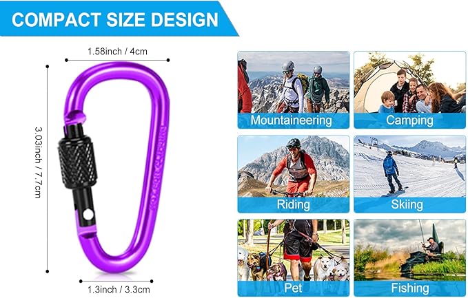 10 Pack Aluminum D Ring Key Rings Hiking Clips Locking Carabiner for Hiking Camping Fishing and Outdoor Use,Clips with Screw Gate Multicolored