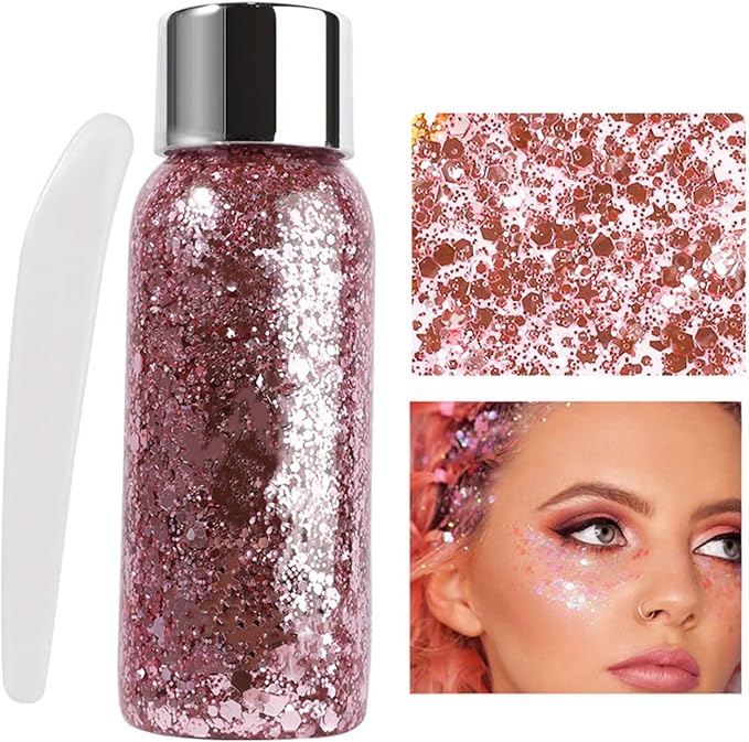 MAEPEOR Chunky Face Body Glitter Gel 19 Colors Mermaid Sequins Holographic Body Glitter Gel Long-Lasting Festival Makeup Glitter Paint for Face Body Hair Nails (30g, 03 Pink)