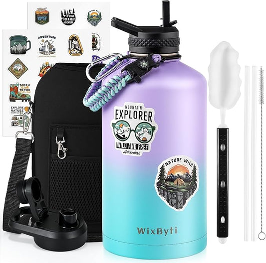 One Gallon Water Bottle Insulated, Triple Wall Vacuum Cold for 48 Hrs & Leak-proof & Non-BPA, 128oz Large Sports Stainless Steel Water Jug with Paracord Handle Straw Spout Lids & DIY Stickers