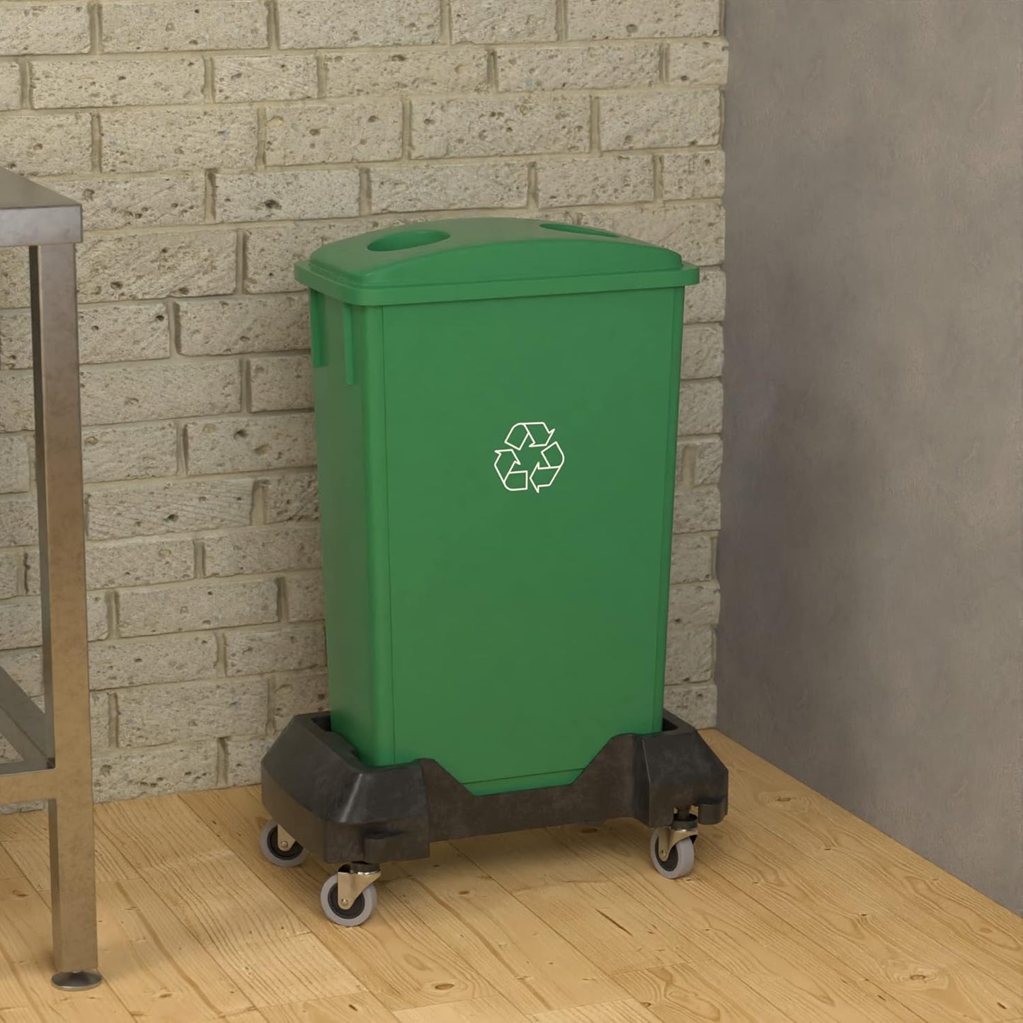 23 Gallon Green Recycle Slim Jim Trash Can with Bottle Slot Lid and Dolly