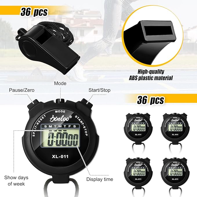 72 Pcs Digital Stopwatch Timer Plastic Whistle Bulk for Sports Coaches Referee Waterproof Watch Timer Whistle with Lanyard Multi Function Electronic Fitness Date Alarm (Black)