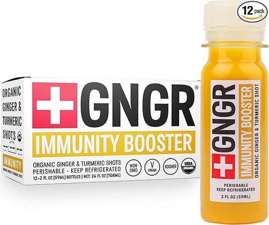 '+GNGR Immunity Booster Organic Ginger and Turmeric Shot - Cold Pressed Ginger Shots with Turmeric, Cayenne Pepper, Orange, Lemon for All Natural Immune & Digestive Support (2 Oz, Pack of 12)