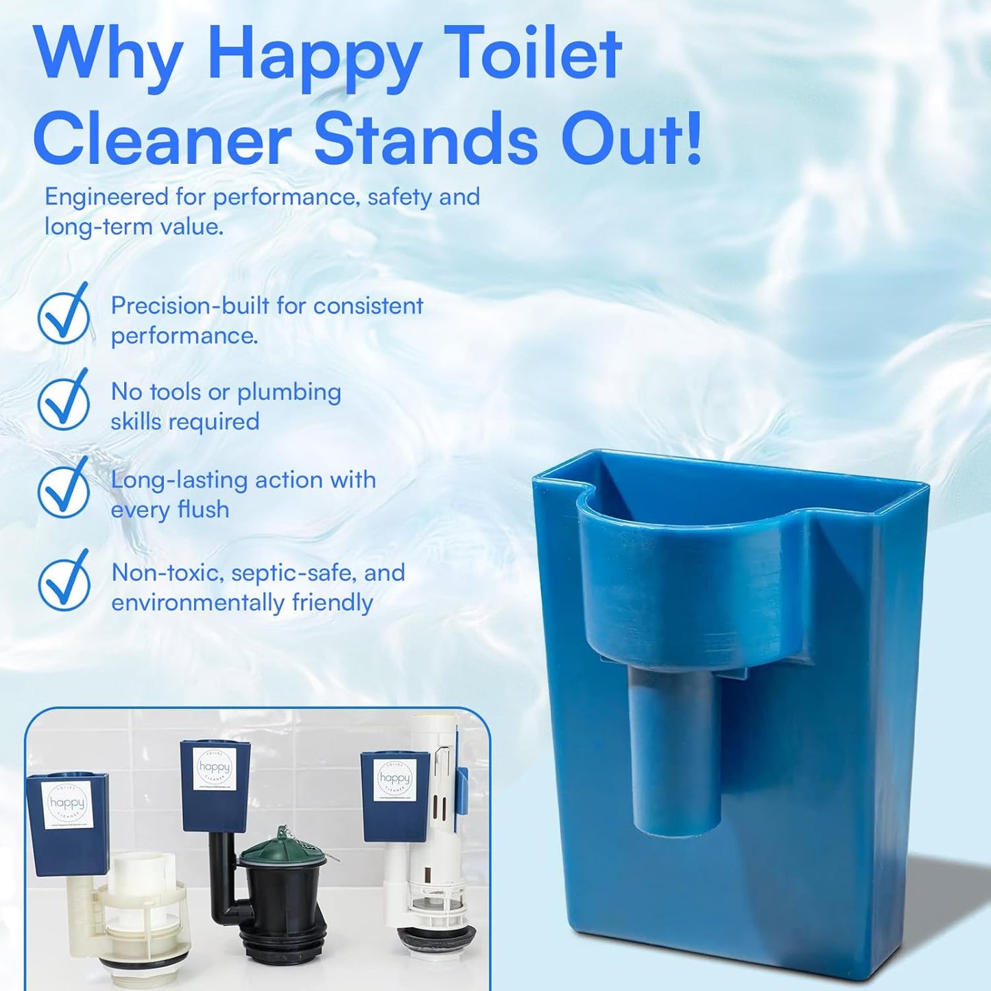 Happy Toilet Cleaner – Self-Cleaning Toilet System | Easy Install Toilet Tablet Holder for a Deep Clean with Every Flush | Made in the USA