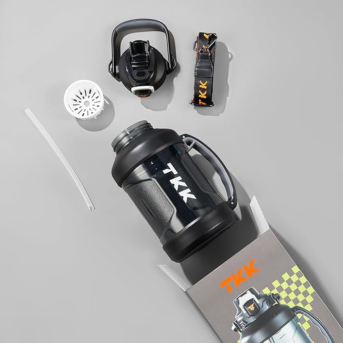 TKK Half Gallon Water Jug Sport Bottle with Straw 2 in 1 Lid Dishwasher Safe BPA Free Leakproof Large Capacity Tritan Plastic Bottle 1/2 Gallon 64oz Water Bottle for Gym Travel Camping Outdoor, Black