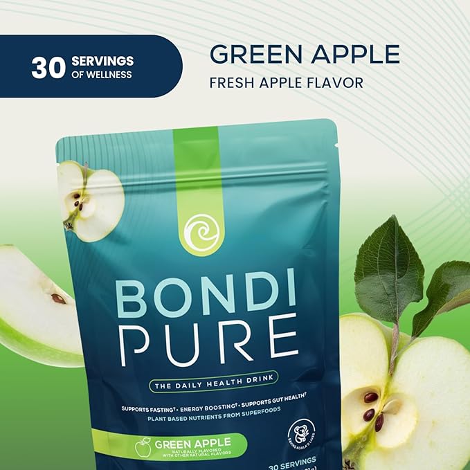 Bondi Pure - Daily Health & Detox Drink - Promote Gut Health & Energy Support During a Cleanse or Intermittent Fasting - Plant-Based Fibers, Alkalizing Super Greens - Green Apple (30 Servings)