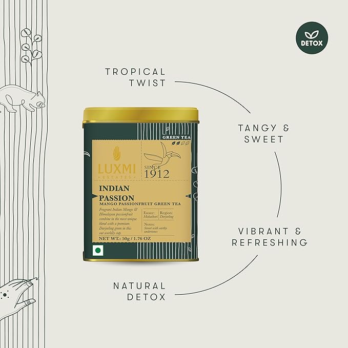 Luxmi Estates - Indian Passion - Organic Mango Passion Fruit Green Tea - Loose Leaf - 50g (25 Cups) | With Mango & Passion Fruit | Brew as Iced Tea or Hot