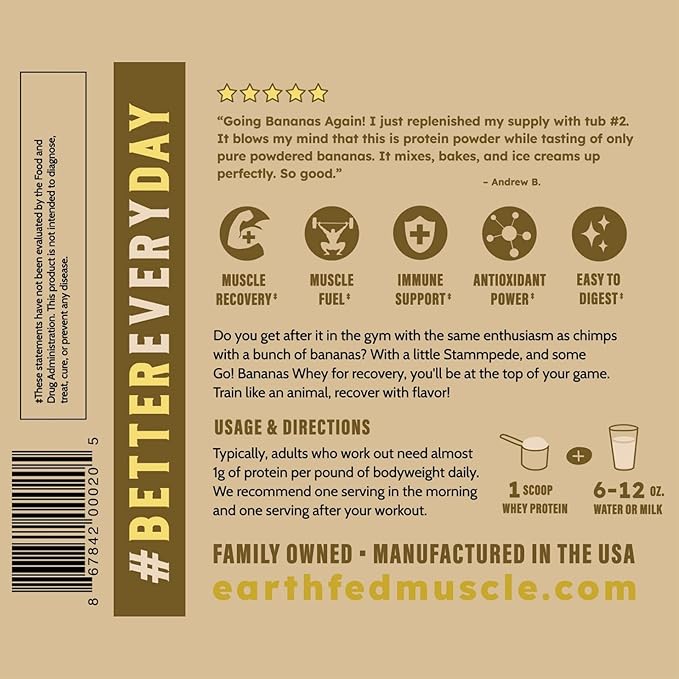 Earth Fed Muscle Go! Bananas Irish Grass‑Fed Whey Protein Isolate – All Natural Banana Flavor, Zero Added Sugar, Soy‑Free, Gluten‑Free (2lb, 27 Servings, Banana)