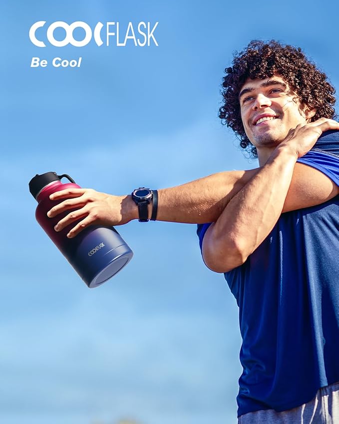 Half Gallon Water Bottle Insulated with Straw & 3 Lids, Coolflask 64 oz Water Jug Large Metal Stainless Steel Wide Mouth for Sports, Gym or Office, Non-BPA Keep Cold 48H Hot 24H, Ombre Wine/Navy