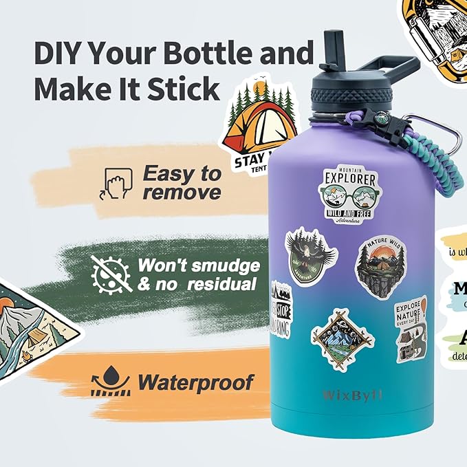 One Gallon Water Bottle Insulated, Triple Wall Vacuum Cold for 48 Hrs & Leak-proof & Non-BPA, 128oz Large Sports Stainless Steel Water Jug with Paracord Handle Straw Spout Lids & DIY Stickers