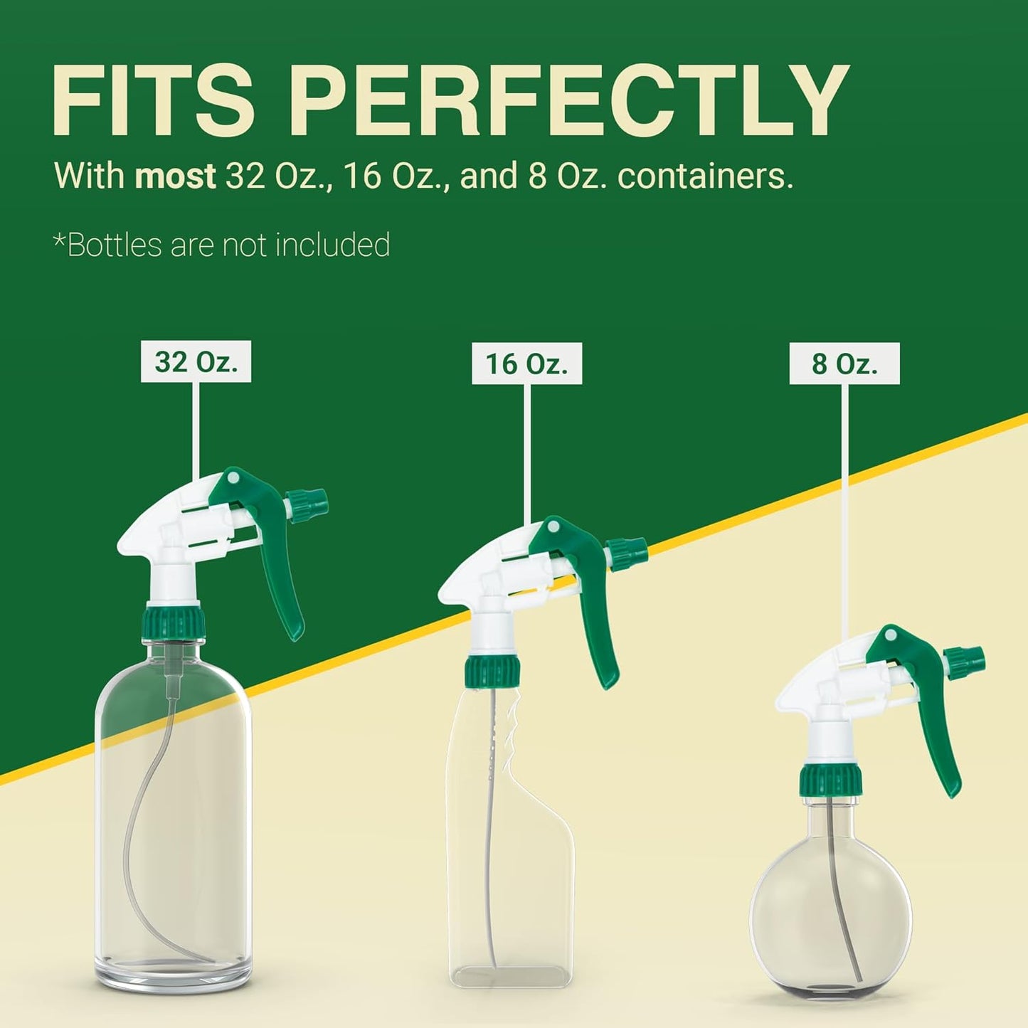 Heluva Green Spray Bottle Nozzle Replacement, Bottle Tops Only - Sprayer Nozzle Triggers for Heavy Duty, Commercial, Home Cleaning Solutions - Fits 8,16,24,32 oz Plastic & Glass Bottles, Green 3 pack