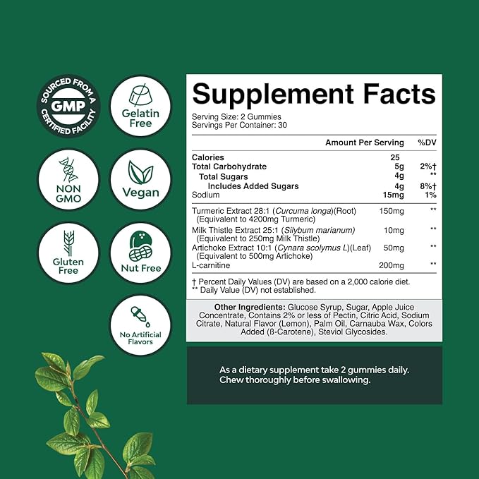 Cleansing Herbal Liver Detox Gummies Liver Support Milk Thistle Gummies with Artichoke Extract Turmeric Curcumin and L-Carnitine - Vegan and Non-GMO - Sweet Lemon (30 Servings)