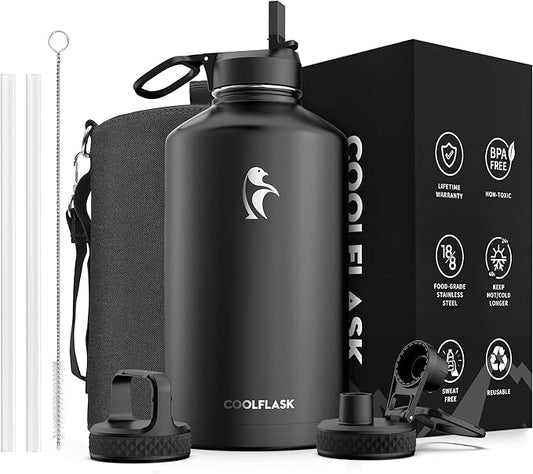 Coolflask Gallon Water Bottle Insulated with Straw&3 Lids, 128 oz Water Jug Large Stainless Steel Metal Vacuum Wide Mouth for Sports, Gym or Office, Non-BPA Keep Cold 48H Hot 24H, Magic Black