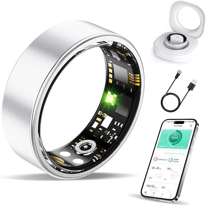 Smart Ring Health Tracker, Fitness Sleep and Heart Rate Monitor Smart Ring, Waterproof Bluetooth Fitness Tracker Ring IPX68 Waterproof (Silver, 13)