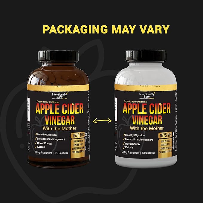Intentionally Bare Apple Cider Vinegar with Mother Capsules - ACV Capsules with Ginger, Lemon, Cayenne and Inulin - Keto Friendly and Gluten Free for Energy, Immunity and Gut Health - 120 Capsules