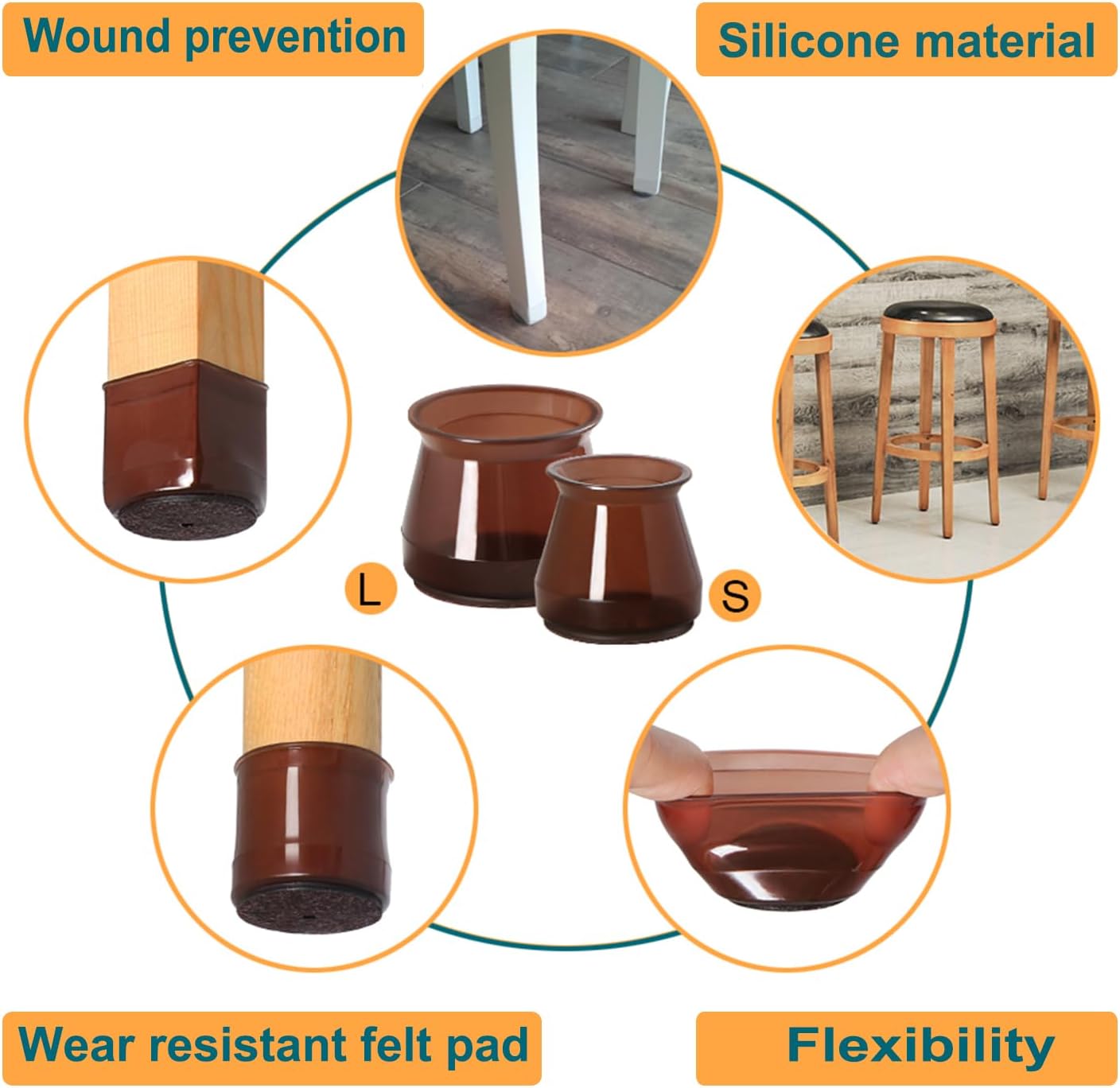 32 Pcs Silicone Chair Leg Floor Protectors for Hardwood Floors, Brown Felt Bottom Chair Leg Covers, Free Moving Table Leg Covers, Stool Leg Protectors Caps(Large fit : 1.3'' - 2'')