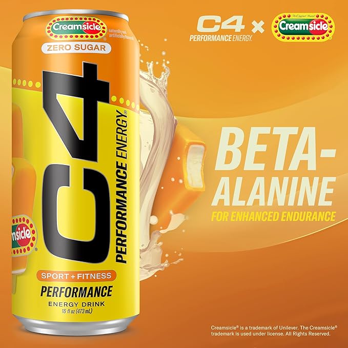 Cellucor C4 Performance Energy Drink | Zero Sugar Carbonated Preworkout Energy | 200mg Caffeine with Beta Alanine | Orange Creamsicle | 16 Fl Oz (12 Pack)