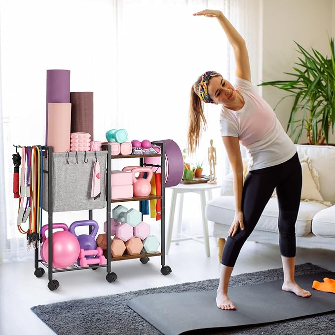 Yoga Mat Storage Rack Home Gym Equipment Organizer Holder for Foam Roller Dumbbells Kettlebells Resistance Bands and More Accessories Women Men Workout Organization with Hooks Wheels (Black)