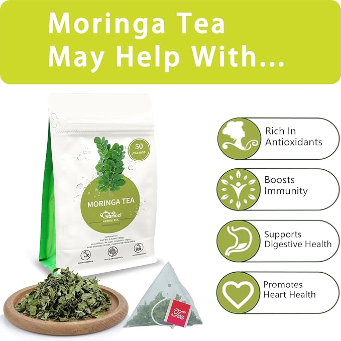 Samcci - Moringa Tea - 50 Tea Bags - Pure Moringa Leaves, Herbal Tea for Supporting Digestion & Immune System - Non-GMO - Vegan - Caffeine-Free - Natural Herbal