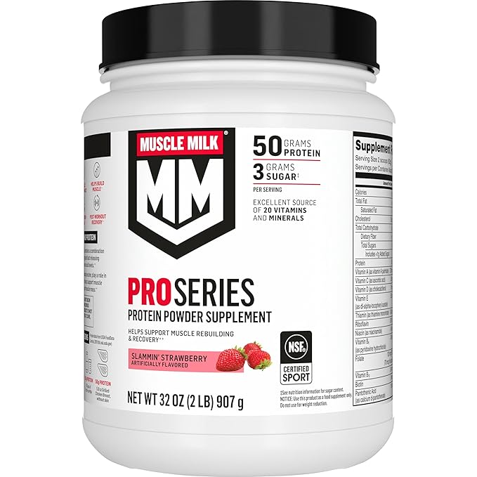 Muscle Milk Pro Series Protein Powder Supplement, Slammin' Strawberry, 2 Pound, 11 Servings, 50g Protein, 3g Sugar, 20 Vitamins & Minerals, NSF Certified for Sport, Packaging May Vary