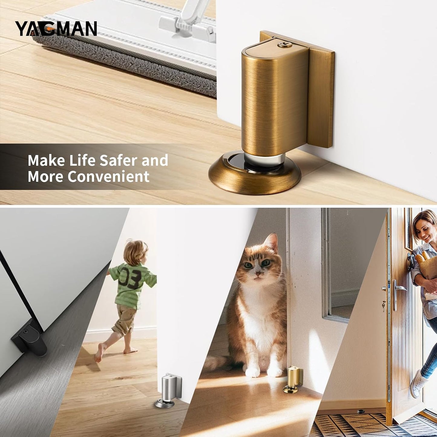 3 Pack Magnetic Door Stoppers Retractable Bottom of Door Holder No Drilling Mount Floor Door Stop with Screws and Adhesive Catch Door Keep Door Open Antique Brass AB-3