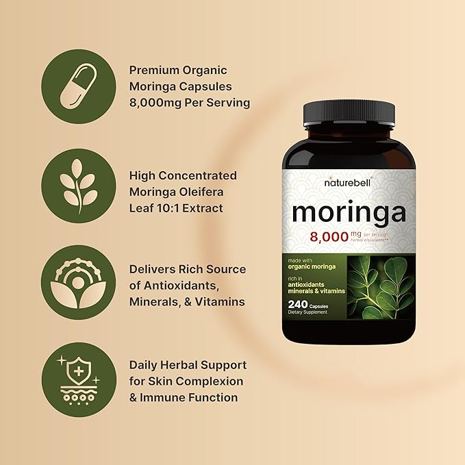 NatureBell 2 Pack Moringa Capsules 8000mg Per Serving, 480 Total Capsules | Green Superfood, Skin Health & Immune Support | Non-GMO, Gluten Free