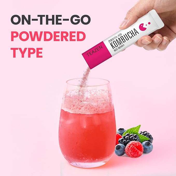 TEAZEN Berry Kombucha Tea, Hydration Drink Mix, Sugar Free, Live Probiotics & Prebiotics, 30 Sticks, 5.29oz