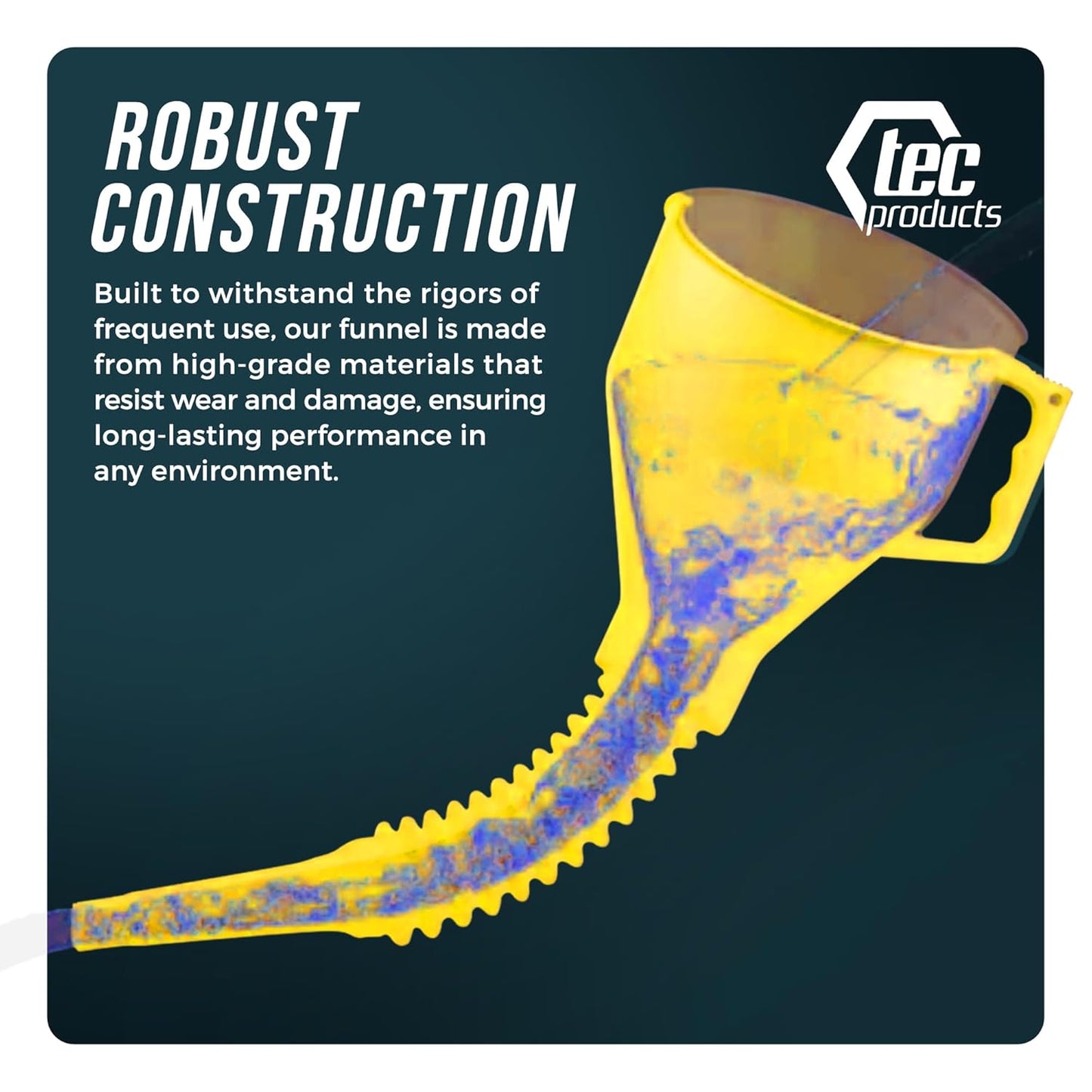 TEC Products FlexAll Long Flexible Funnel for Automotive Use - Durable Nitrile Rubber - Ideal for Car Oil Change, Transmission Funnel Fluid, Diesel, Fuel, Gas - Made in USA - Yellow (12 x 4 Inches)
