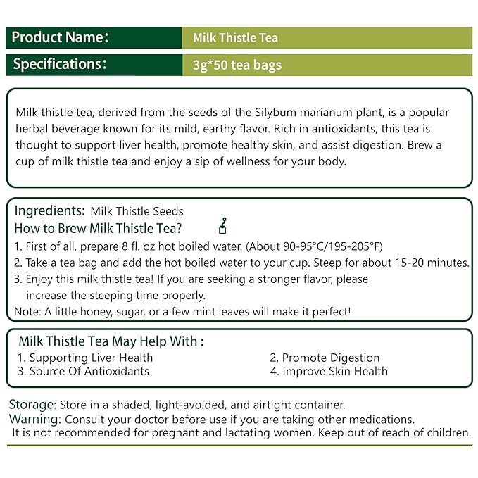 Samcci - Milk Thistle Tea Bags, 50 Teabags, 3g/bag - 100% Natural Milk Thistle Seeds Support Liver Herbal Tea, Caffeine Free - No Additives - No Sugar - Non-GMO - No Gluten