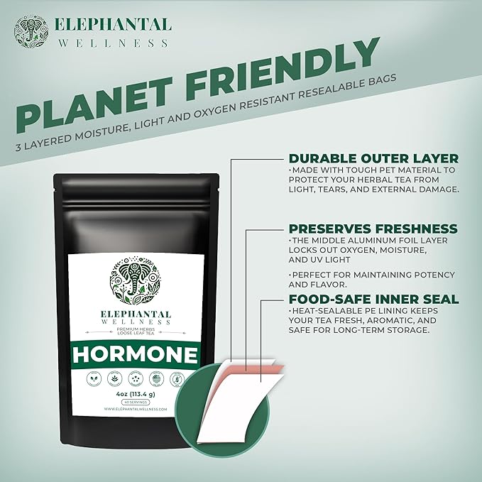 Elephantal Wellness Premium Hormone Herbal Tea | PCOS, Hormonal Balance & Mood Support with Chaste Berry, Shatavari, Dong Quai & Black Cohosh | Handmade, Non-GMO, Caffeine-Free Loose Leaf Blend – 4oz Loose Leaf, 40 Servings