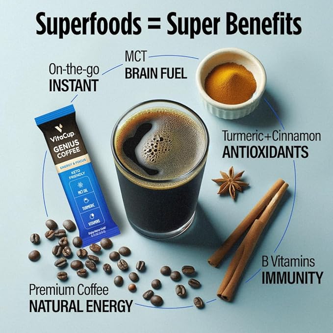 VitaCup Genius Instant Coffee Packets, Increase Energy & Focus, Keto Coffee, Serve Hot or Cold Brew, MCT Oil, Turmeric, B Vitamins, D3, Bold & Smooth,100% Arabica Coffee in Single Serve Sticks, 48 Ct