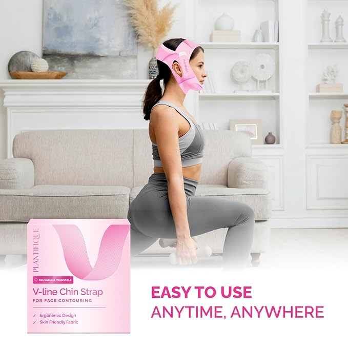 PLANTIFIQUE Chin Strap for Face Contouring - Reusable V Line Ice Silk Fabric Mask - Double Chin Shaping, Adjustable, Breathable Fabric - Jawline Shaper for Women & Men - Pink