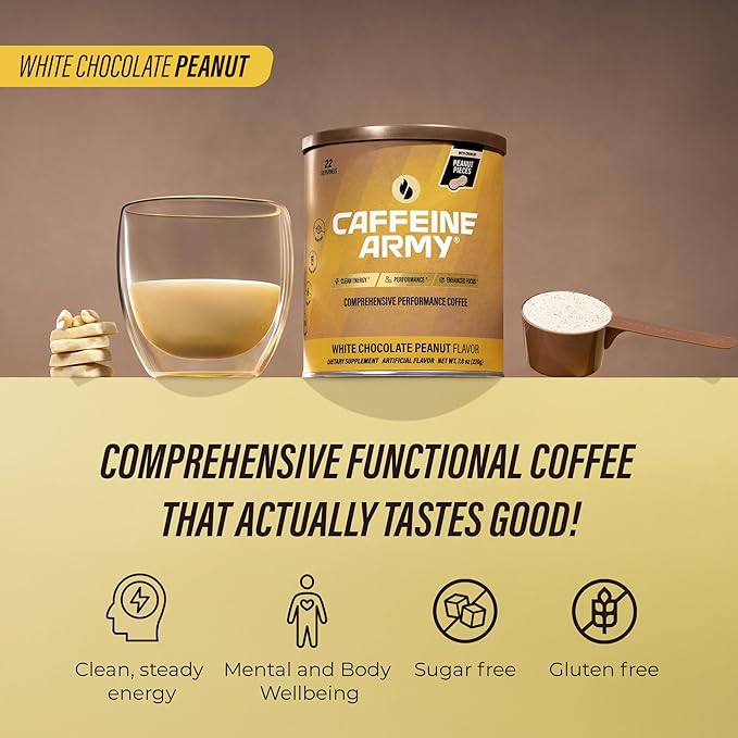 CAFFEINE ARMY White Chocolate Peanut | Comprehensive Functional Coffee with MCTs, CoQ10, Collagen and Adaptogens: Clean Energy + Supports Daily Attention, No Jitters or Crash (7.8 oz 22 Servings)