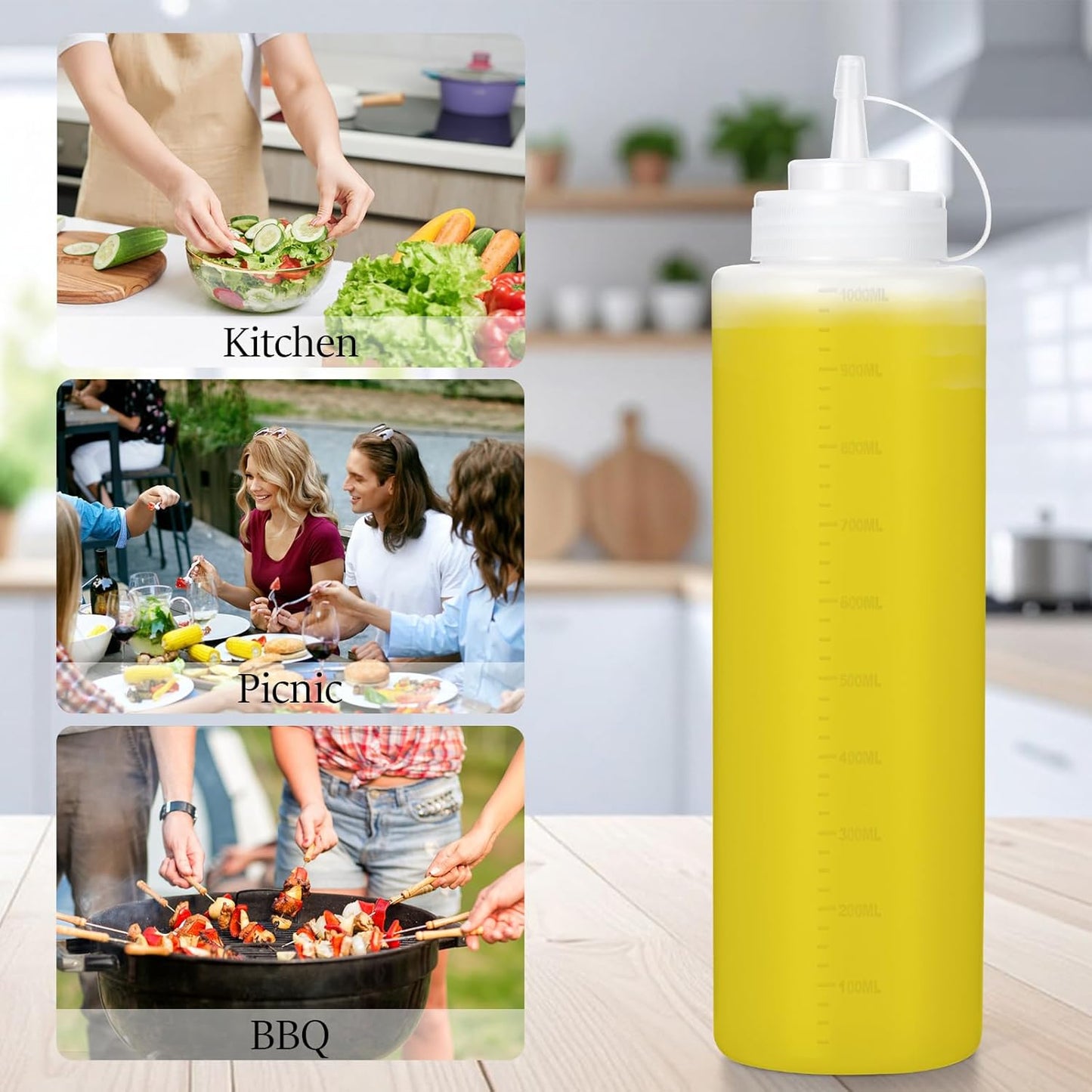 Condiment Squeeze Bottles Ketchup Dispenser, 6 Pack 32oz Squeeze Bottles for Liquids, Plastic Sauce Bottle with Cap Lid, Squirt Bottles for Sauces Liquids BBQ Dressing Pancake Art